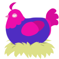 Sponge, a indigo and fuchsia chicken with a head pattern