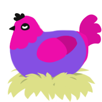 A blurple and fuchsia chicken with a head pattern