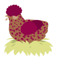A brown and maroon chicken with a speckle pattern