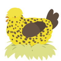A yellow and bark chicken with a speckle pattern