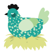 A turquoise and gluppy chicken with a speckle pattern