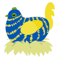 A ultramarine and yellow chicken with a bar pattern