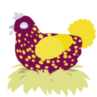 A wine and yellow chicken with a speckle pattern
