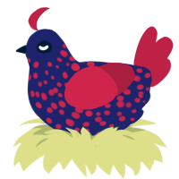 A navy and crimson chicken with a speckle pattern