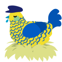 A yellow and ultramarine chicken with a lace pattern