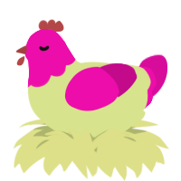 A lemon and fuchsia chicken with a head pattern