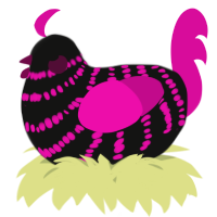 A black and fuchsia chicken with a bar pattern