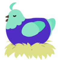 A indigo and mint chicken with a head pattern