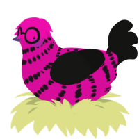 ALEXA MY BELOVED, a fuchsia and black chicken with a bar pattern