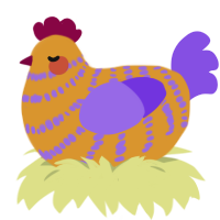 A orange and blurple chicken with a bar pattern
