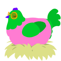 A pink and viridian chicken with a head pattern