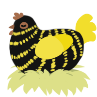 Evil Wasp, a black and yellow chicken with a bar pattern