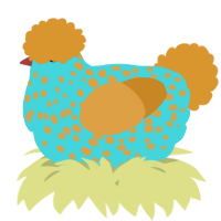 A aqua and orange chicken with a speckle pattern