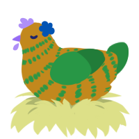 Shirley Temple, a ochre and viridian chicken with a bar pattern