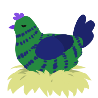 A viridian and navy chicken with a bar pattern