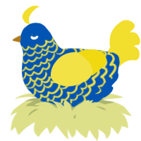 A ultramarine and yellow chicken with a lace pattern