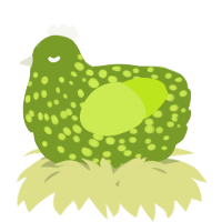 A chartreuse and lime chicken with a speckle pattern
