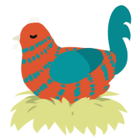 A vermilion and teal chicken with a bar pattern