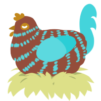 A russet and aqua chicken with a bar pattern