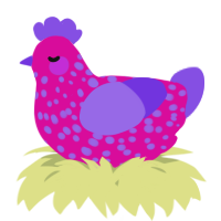 A fuchsia and blurple chicken with a speckle pattern