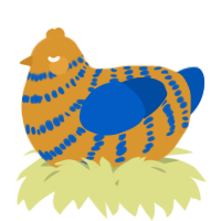 A orange and ultramarine chicken with a bar pattern