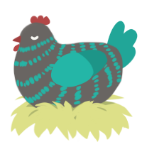 A grey and turquoise chicken with a bar pattern