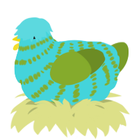 A aqua and chartreuse chicken with a bar pattern
