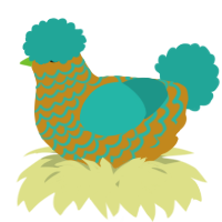 A ochre and turquoise chicken with a lace pattern