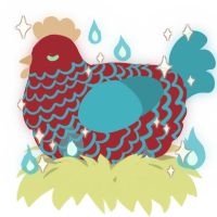 A crimson and cerulean chicken with a lace pattern