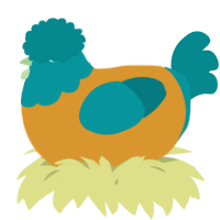 A orange and teal chicken with a head pattern