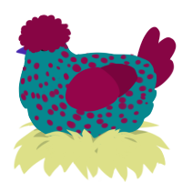 A teal and maroon chicken with a speckle pattern