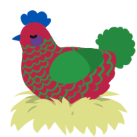 A crimson and viridian chicken with a lace pattern