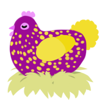 A plum and yellow chicken with a speckle pattern