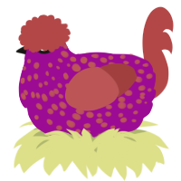 A plum and red chicken with a speckle pattern