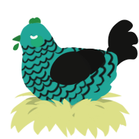 A turquoise and black chicken with a lace pattern