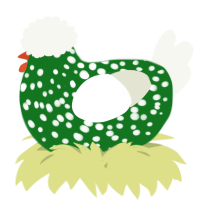 A leaf and white chicken with a speckle pattern