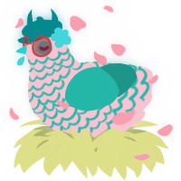 A rose and turquoise chicken with a lace pattern
