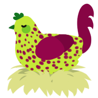 A lime and maroon chicken with a speckle pattern