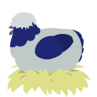 A silver and navy chicken with a head pattern