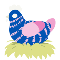 A ultramarine and pink chicken with a bar pattern