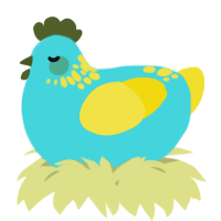 A aqua and yellow chicken with a neck-speckle pattern