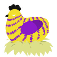 A yellow and violet chicken with a bar pattern