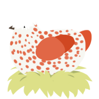 candy corn, a white and vermilion chicken with a speckle pattern