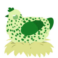 A apple and leaf chicken with a speckle pattern