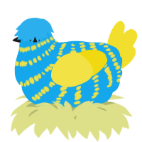 A sky and yellow chicken with a bar pattern