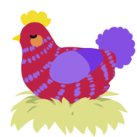 A crimson and blurple chicken with a bar pattern