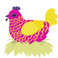 A fuchsia and yellow chicken with a lace pattern