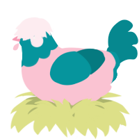 A rose and teal chicken with a head pattern