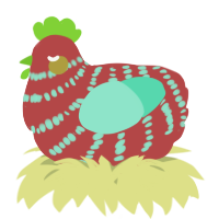 A red and mint chicken with a bar pattern