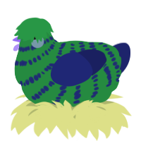 A viridian and navy chicken with a bar pattern